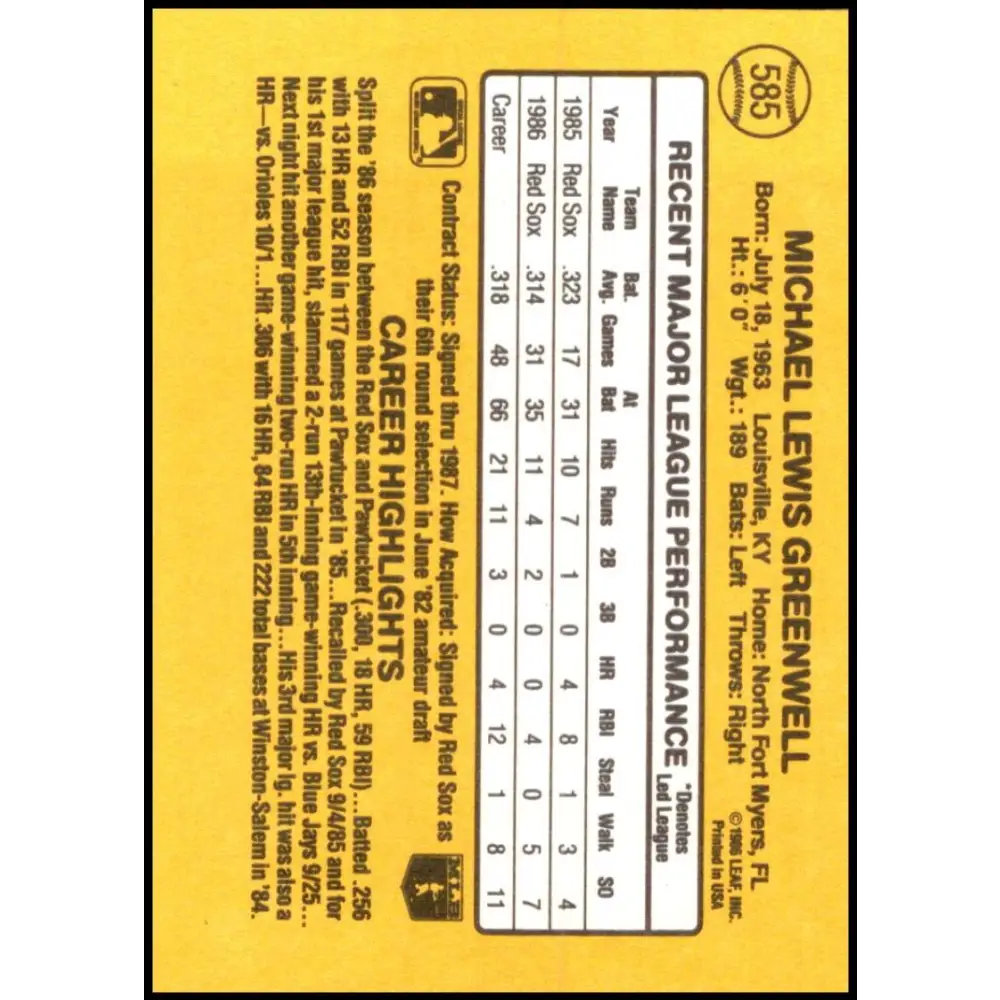 1987 Donruss #585 Mike Greenwell EX Excellent RC Rookie Boston Red Sox Baseball Card  Image 2