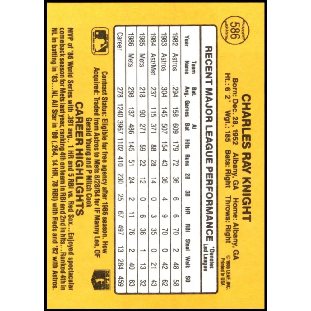 1987 Donruss #586 Ray Knight EX Excellent New York Mets Baseball Card  Image 2