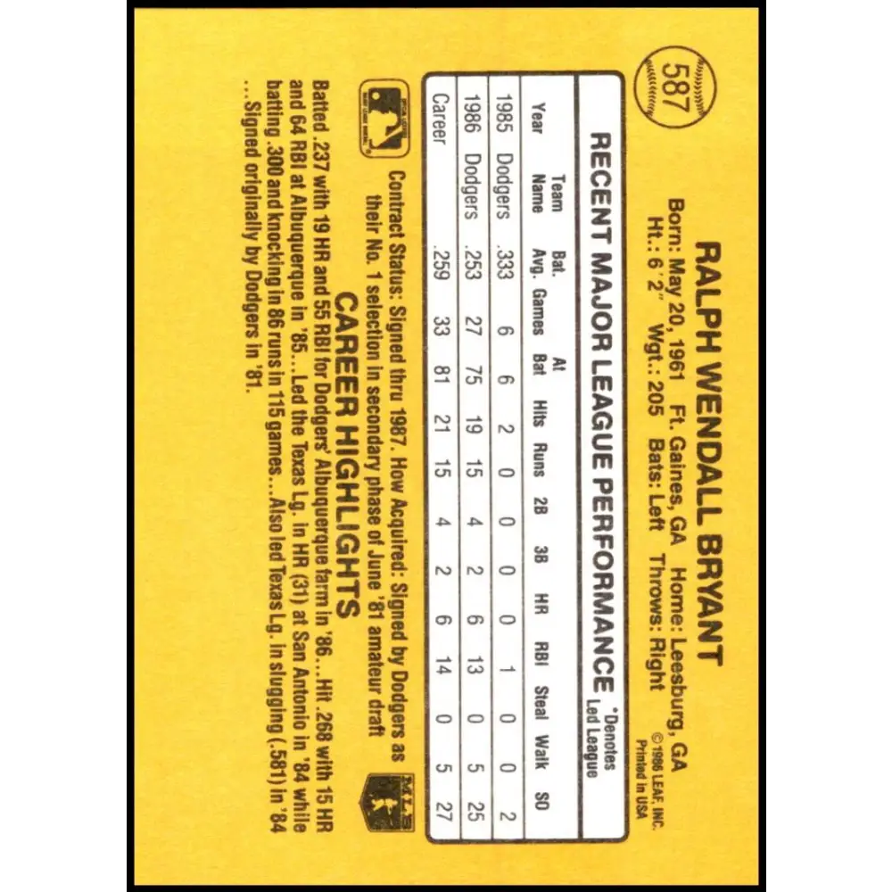 1987 Donruss #587 Ralph Bryant EX Excellent RC Rookie Los Angeles Dodgers Baseball Card  Image 2