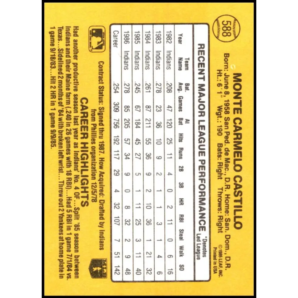 1987 Donruss #588 Carmen Castillo EX Excellent Cleveland Indians Baseball Card  Image 2