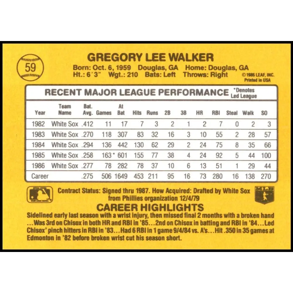 1987 Donruss #59 Greg Walker EX Excellent Chicago White Sox Baseball Card  Image 2