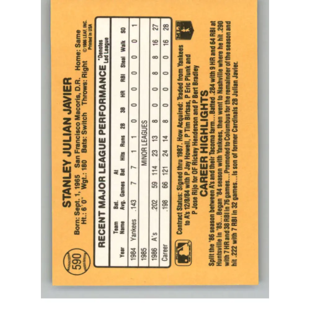 1987 Donruss #590 Stan Javier EX Excellent Oakland Athletics Baseball Card  Image 2