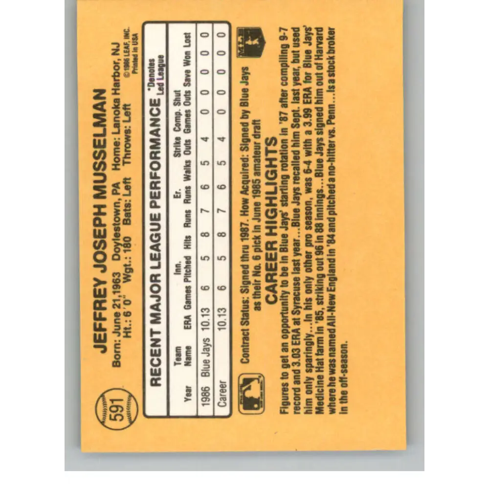 1987 Donruss #591 Jeff Musselman EX Excellent RC Rookie Toronto Blue Jays Baseball Card  Image 2