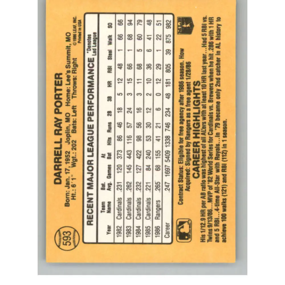 1987 Donruss #593 Darrell Porter EX Excellent Texas Rangers Baseball Card  Image 2