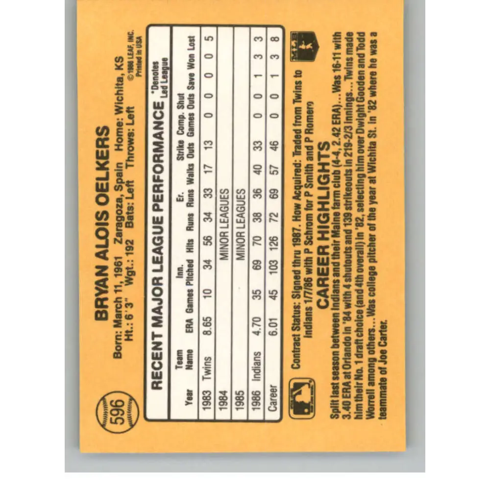 1987 Donruss #596 Bryan Oelkers EX Excellent Cleveland Indians Baseball Card  Image 2