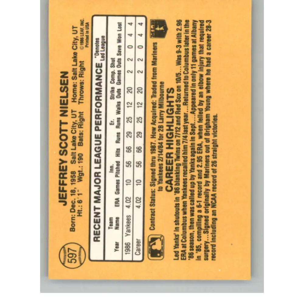 1987 Donruss #597 Scott Nielsen EX RC Rookie New York Yankees Baseball Card Image 2