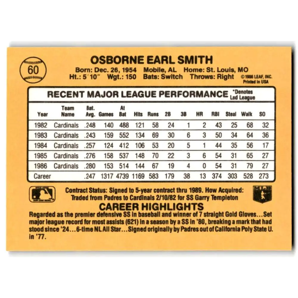 1987 Donruss #60 Ozzie Smith EX Excellent St. Louis Cardinals Baseball Card  Image 2