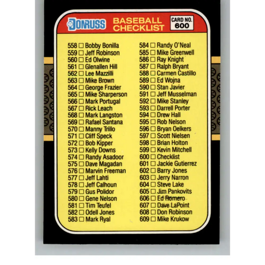 1987 Donruss #600 Checklist 558-660 EX Excellent Checklist Baseball Card  Image 1