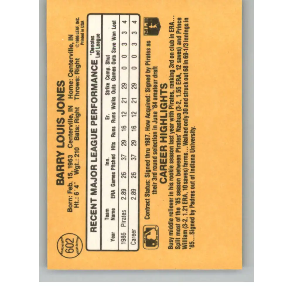 1987 Donruss #602 Barry Jones EX Excellent RC Rookie Pittsburgh Pirates Baseball Card  Image 2