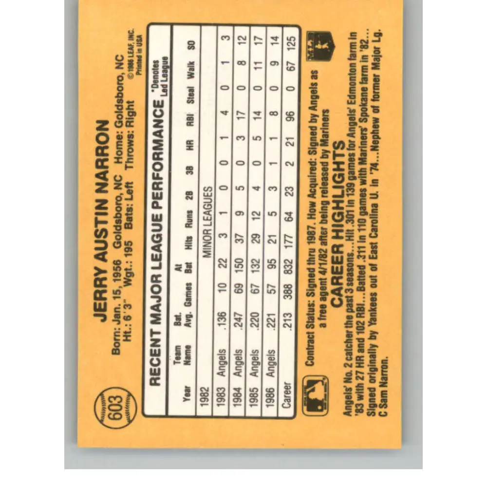 1987 Donruss #603 Jerry Narron EX Excellent California Angels Baseball Card  Image 2