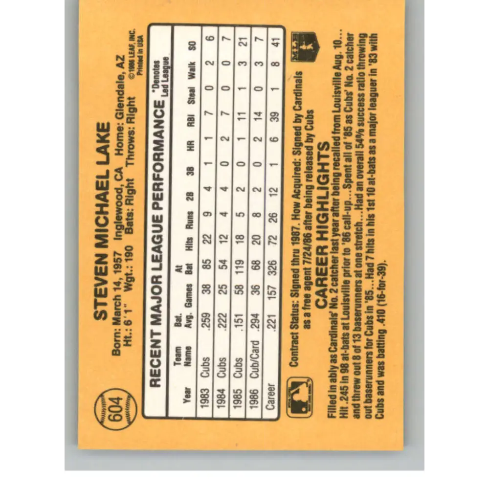 1987 Donruss #604 Steve Lake EX Excellent St. Louis Cardinals Baseball Card  Image 2