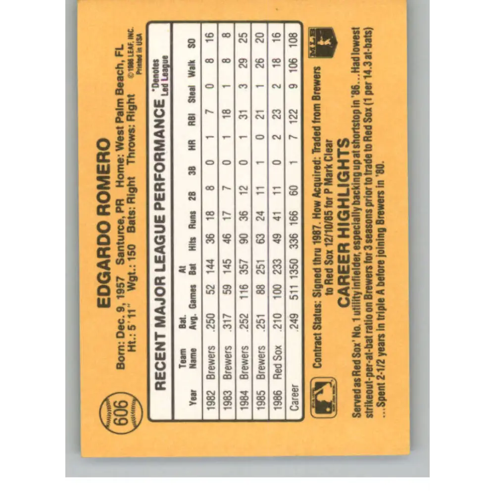 1987 Donruss #606 Ed Romero EX Excellent Boston Red Sox Baseball Card  Image 2