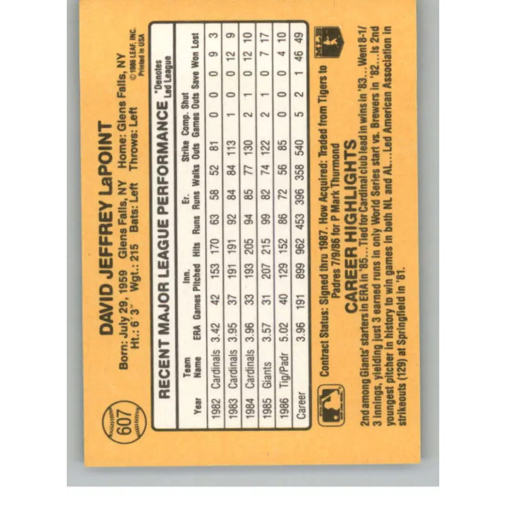 1987 Donruss #607 Dave LaPoint EX Excellent San Diego Padres Baseball Card  Image 2