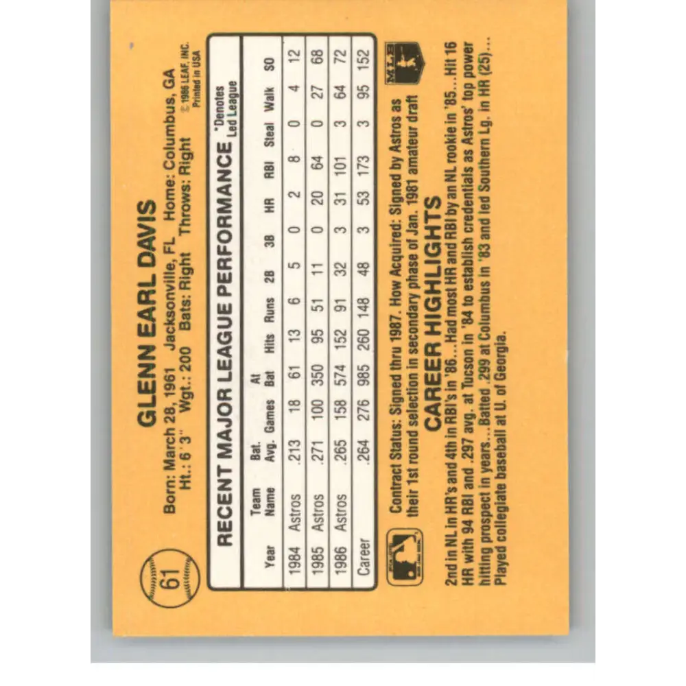 1987 Donruss #61 Glenn Davis EX Excellent Houston Astros Baseball Card  Image 2