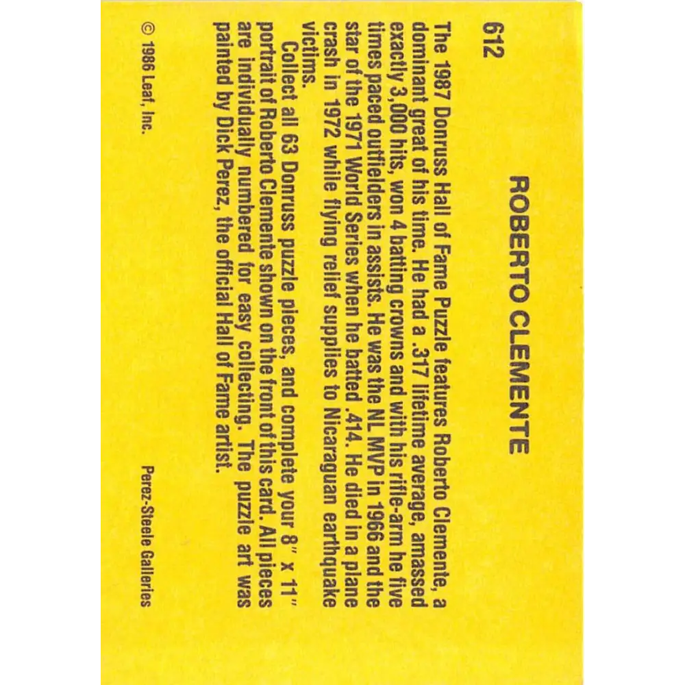 1987 Donruss #612 Roberto Clemente EX Excellent Pittsburgh Pirates Baseball Card  Image 2