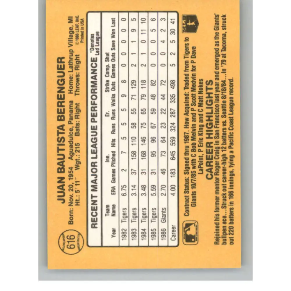 1987 Donruss #616 Juan Berenguer EX Excellent San Francisco Giants Baseball Card  Image 2