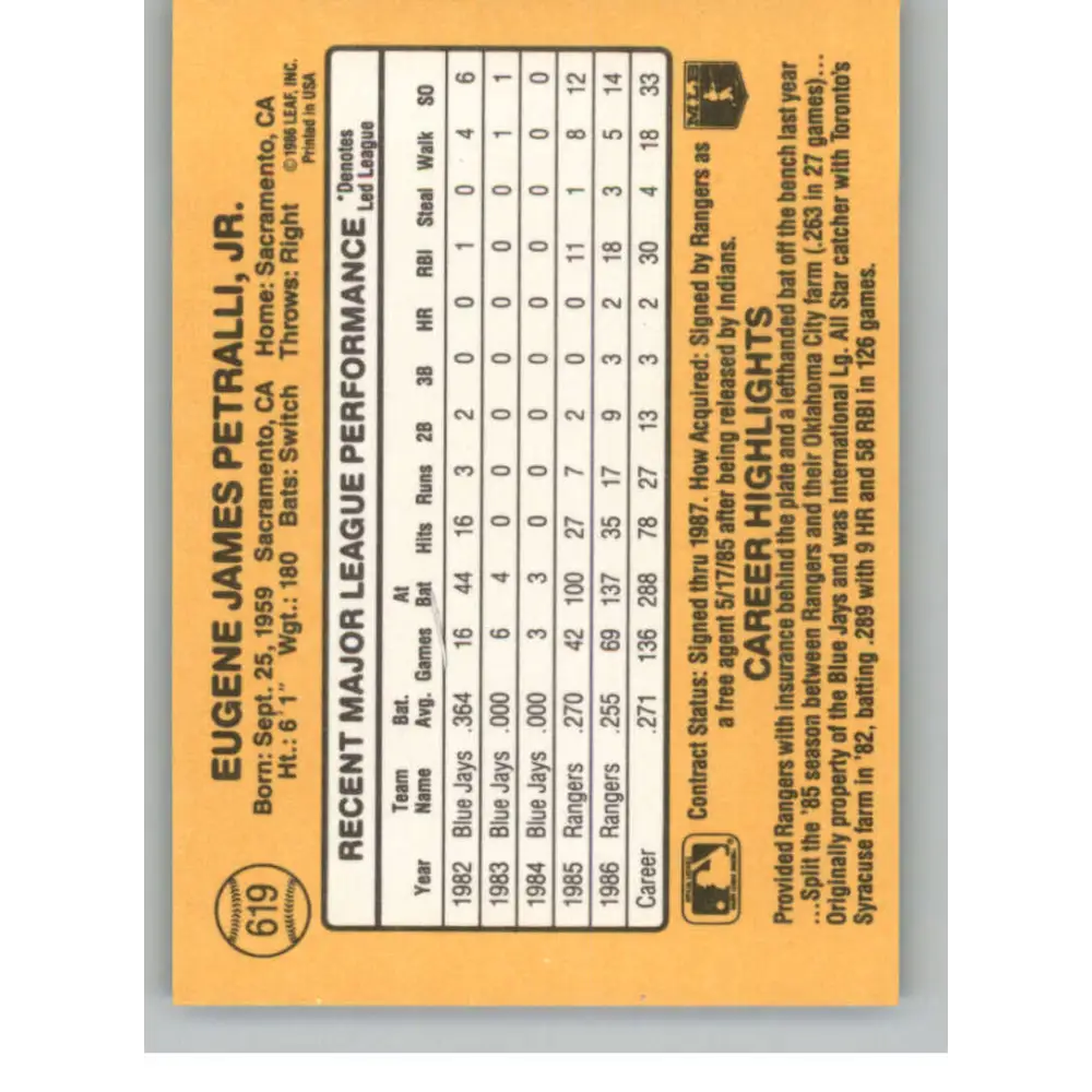 1987 Donruss #619 Geno Petralli EX Excellent Texas Rangers Baseball Card  Image 2