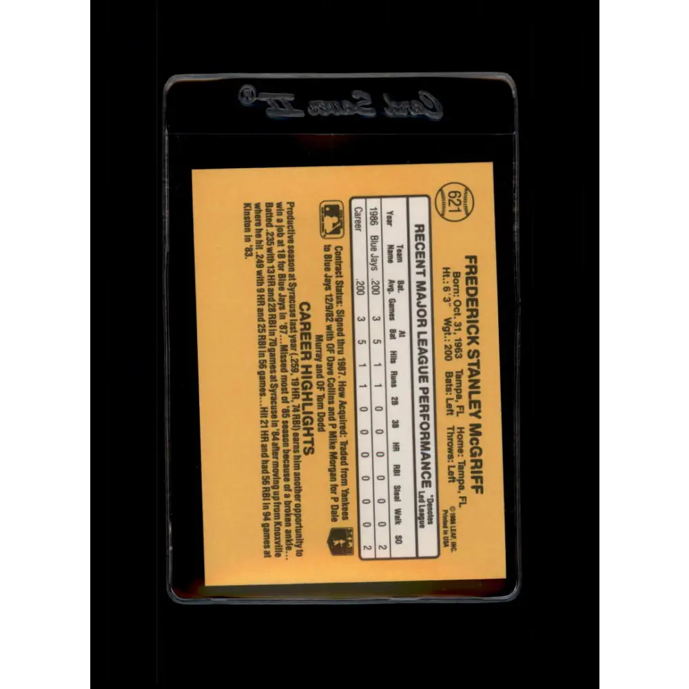 1987 Donruss #621 Fred McGriff EX Excellent Toronto Blue Jays Baseball Card  Image 2