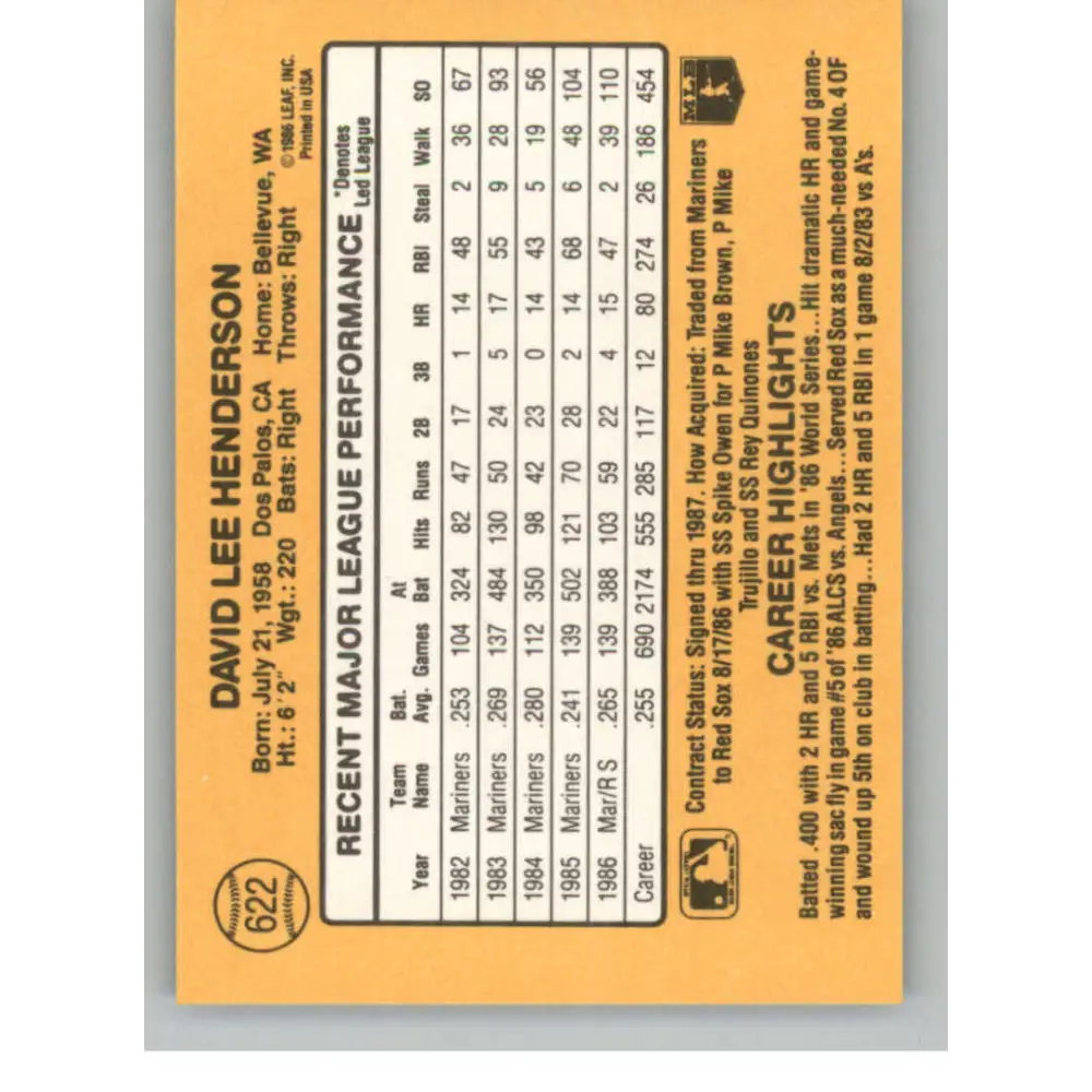 1987 Donruss #622 Dave Henderson EX Excellent Boston Red Sox Baseball Card  Image 2