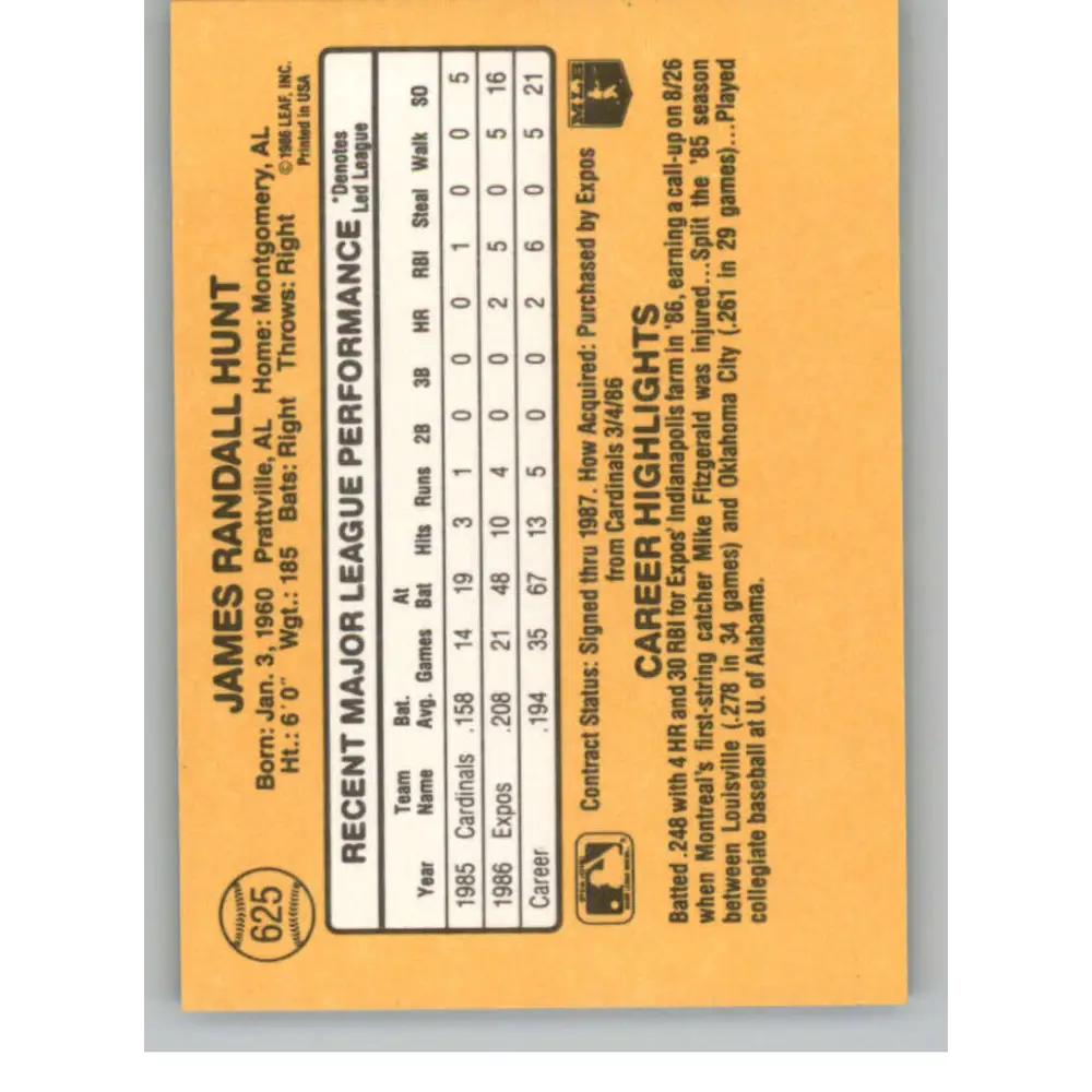 1987 Donruss #625 Randy Hunt EX Excellent Montreal Expos Baseball Card  Image 2