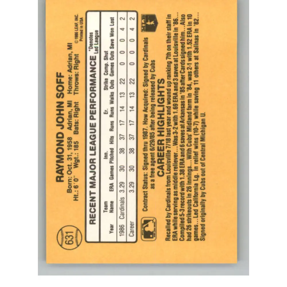 1987 Donruss #631 Ray Soff EX Excellent St. Louis Cardinals Baseball Card  Image 2