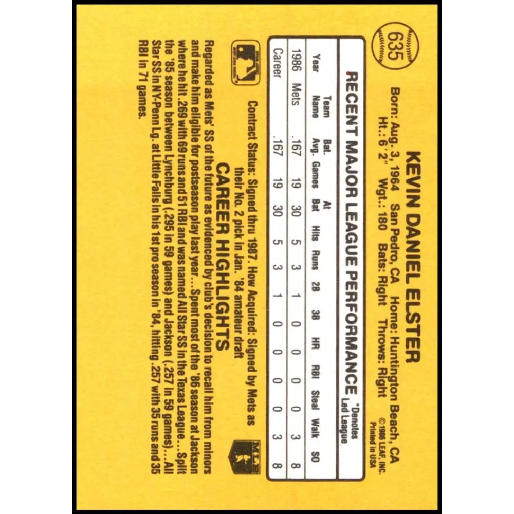 1987 Donruss #635 Kevin Elster EX Excellent RC Rookie New York Mets Baseball Card  Image 2