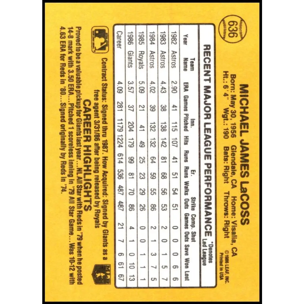 1987 Donruss #636 Mike LaCoss EX Excellent San Francisco Giants Baseball Card  Image 2