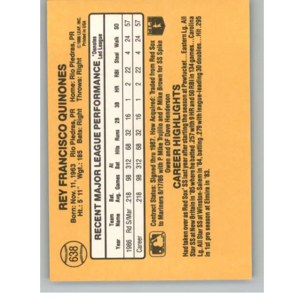1987 Donruss #638 Rey Quinones EX Excellent Seattle Mariners Baseball Card  Image 2