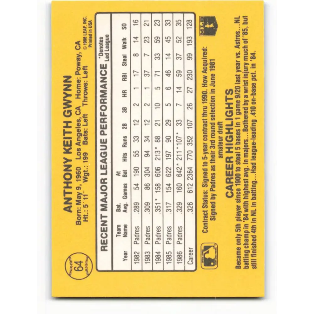 1987 Donruss #64 Tony Gwynn EX Excellent San Diego Padres Baseball Card  Image 2