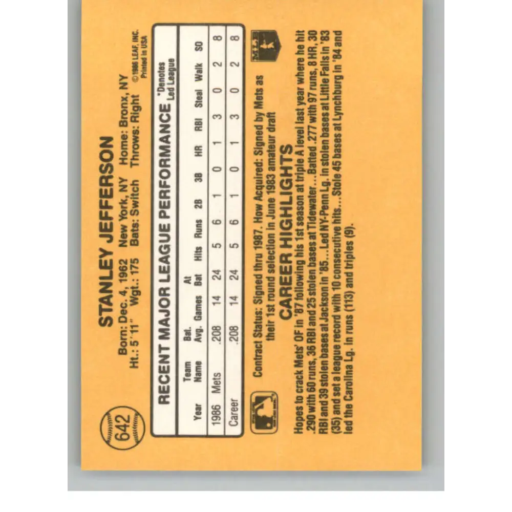 1987 Donruss #642 Stan Jefferson EX Excellent RC Rookie New York Mets Baseball Card  Image 2