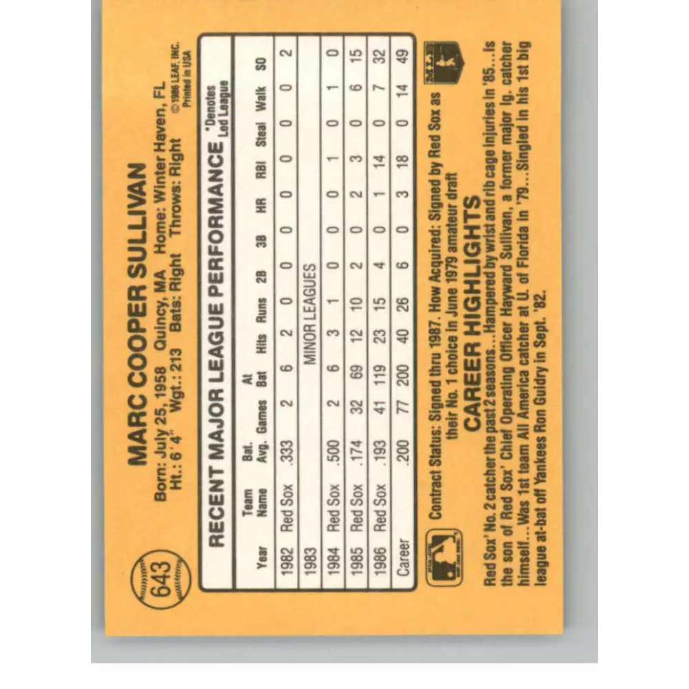 1987 Donruss #643 Marc Sullivan EX Excellent Boston Red Sox Baseball Card  Image 2