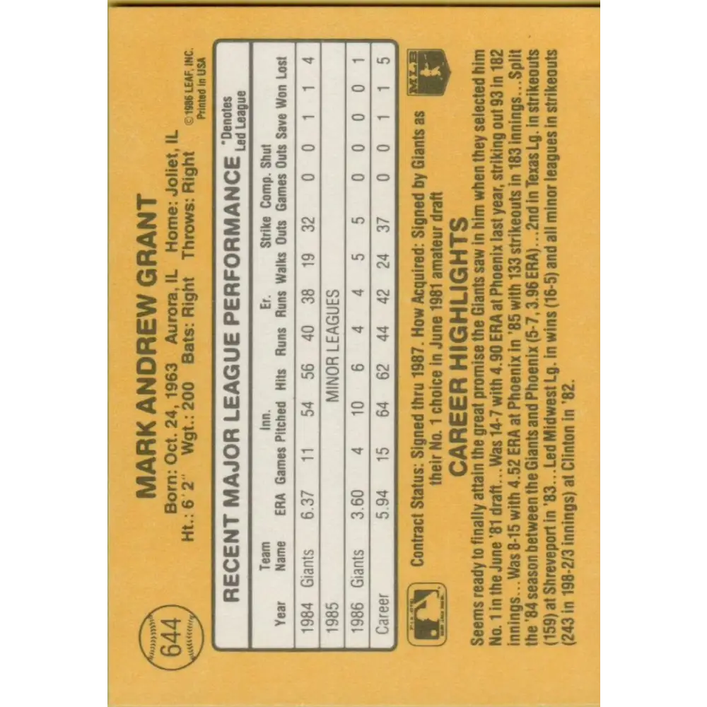 1987 Donruss #644 Mark Grant EX Excellent San Francisco Giants Baseball Card  Image 2
