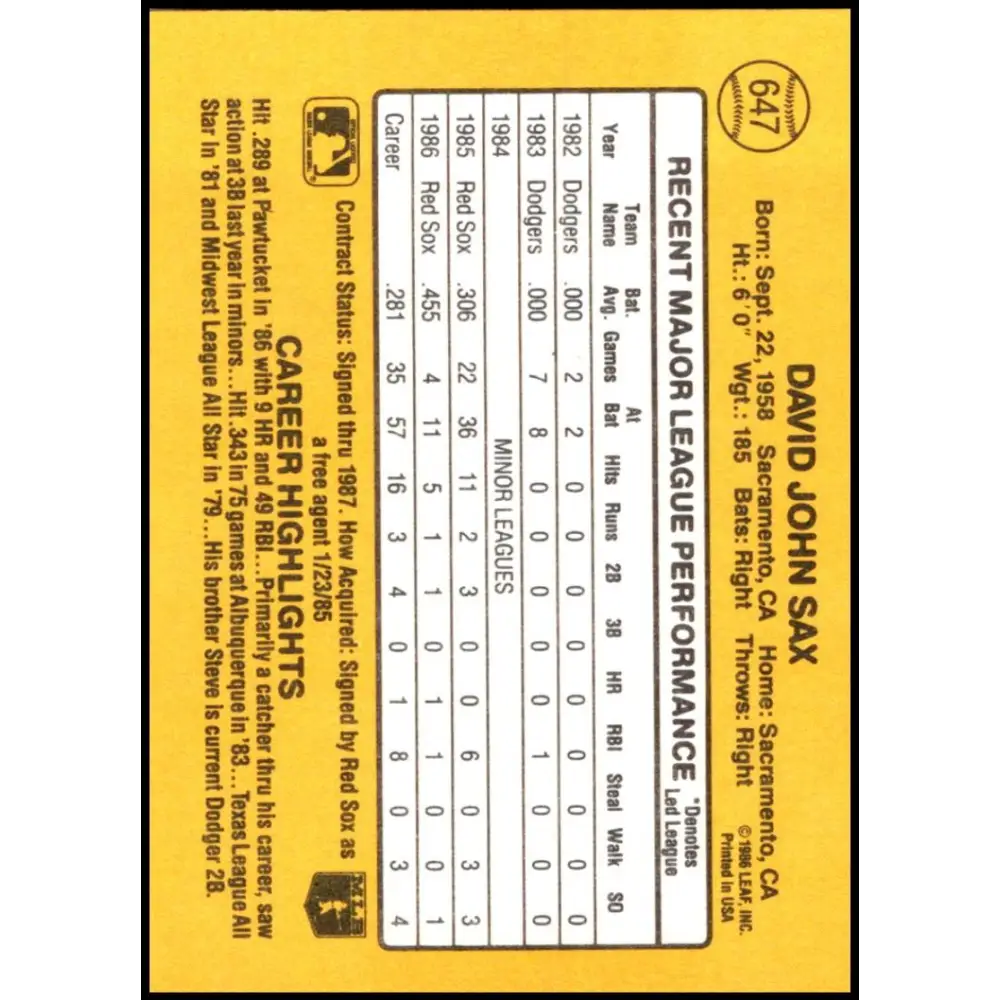 1987 Donruss #647 Dave Sax EX Excellent Boston Red Sox Baseball Card  Image 2