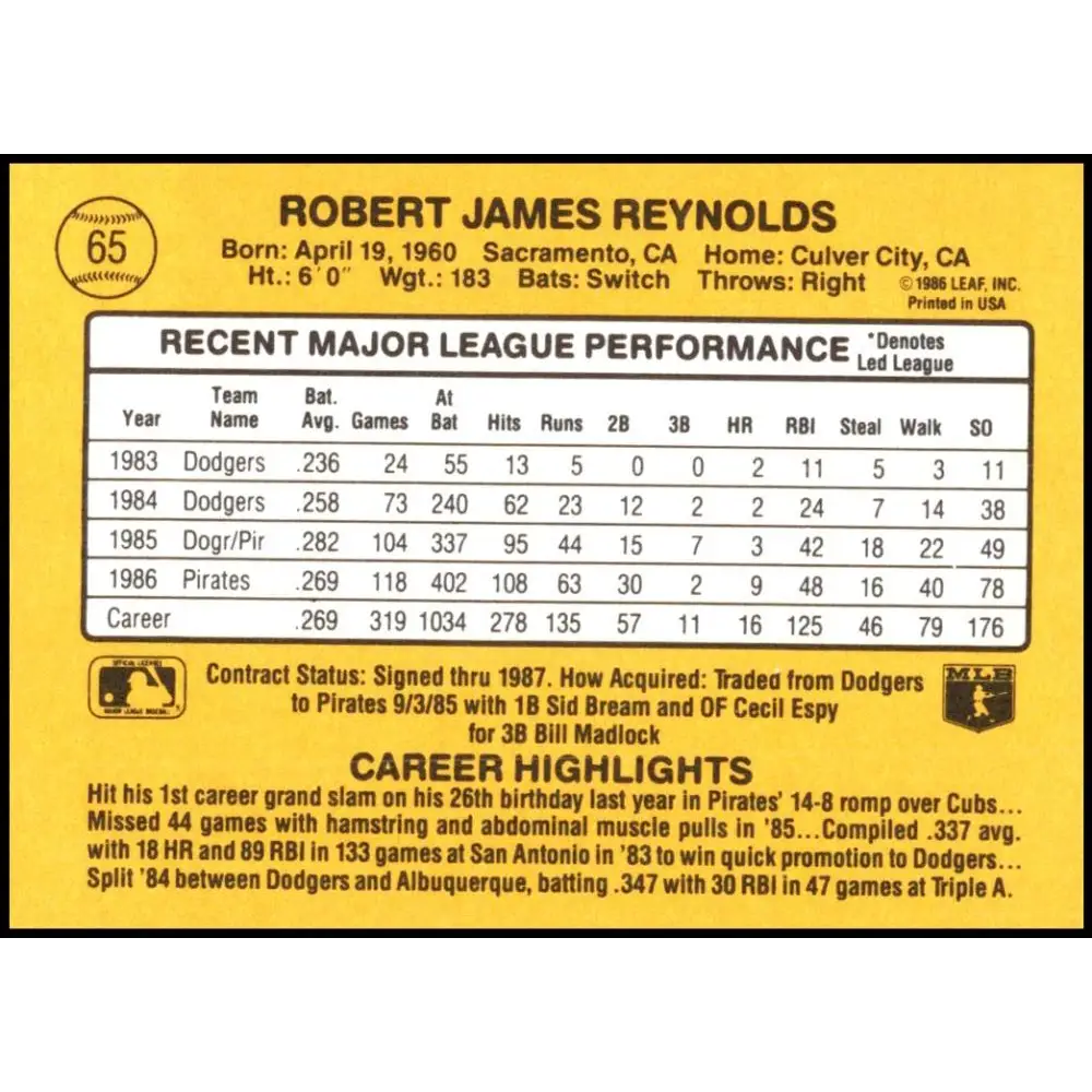 1987 Donruss #65 R.J. Reynolds EX Excellent Pittsburgh Pirates Baseball Card  Image 2