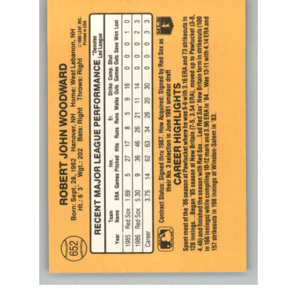 1987 Donruss #652 Rob Woodward EX Excellent Boston Red Sox Baseball Card  Image 2