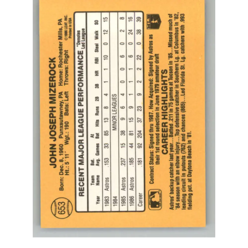 1987 Donruss #653 John Mizerock EX Excellent Houston Astros Baseball Card  Image 2