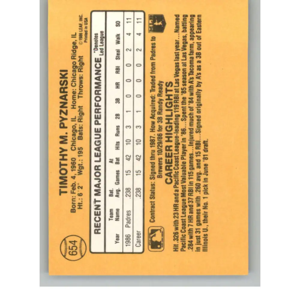 1987 Donruss #654 Tim Pyznarski EX Excellent San Diego Padres Baseball Card  Image 2