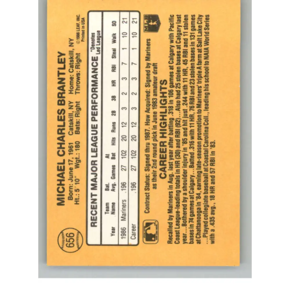 1987 Donruss #656 Mickey Brantley EX Excellent Seattle Mariners Baseball Card  Image 2