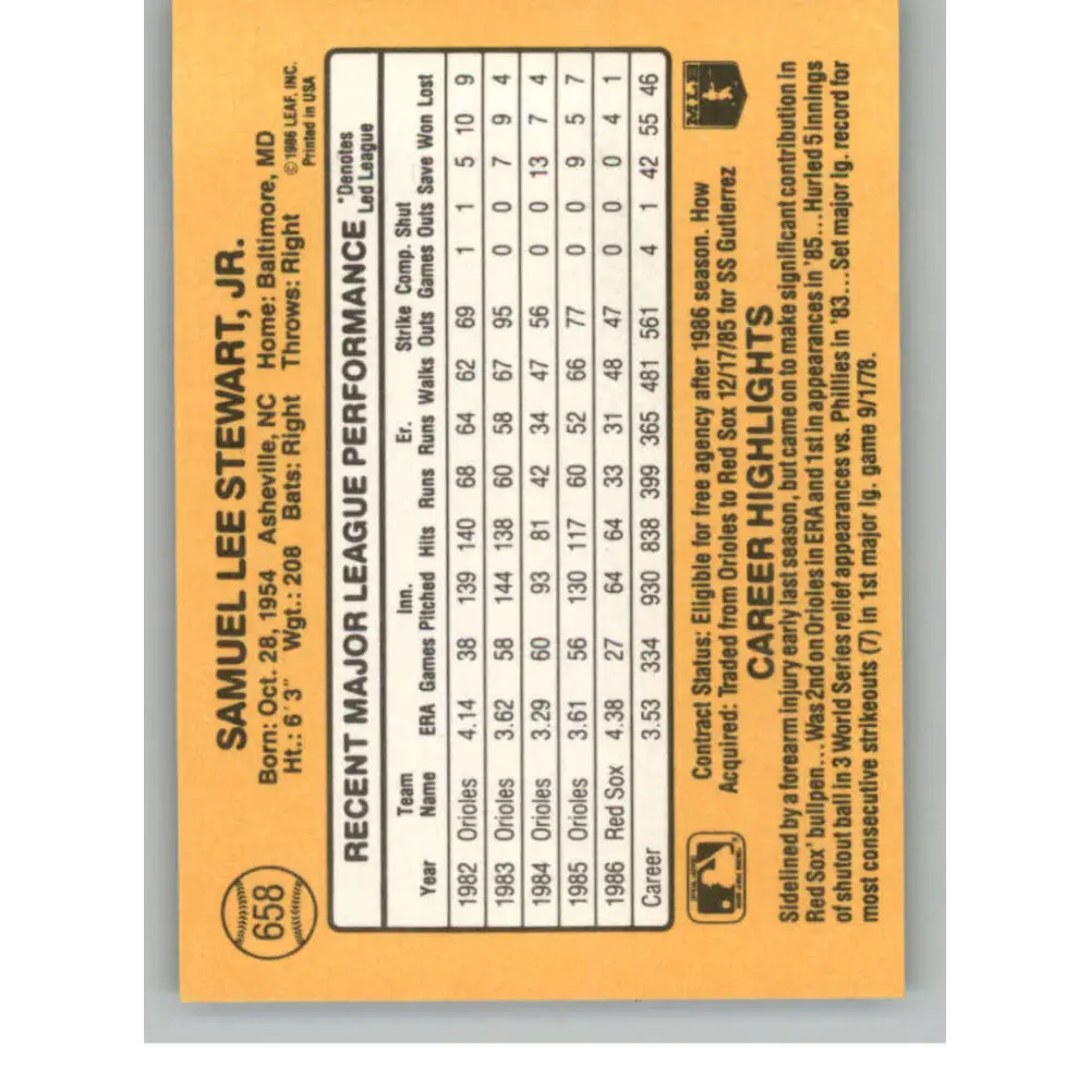 1987 Donruss #658 Sammy Stewart EX Excellent Boston Red Sox Baseball Card  Image 2