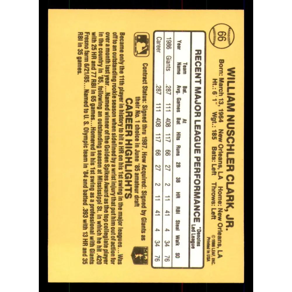 1987 Donruss #66 Will Clark EX Excellent RC Rookie San Francisco Giants Baseball Card  Image 2