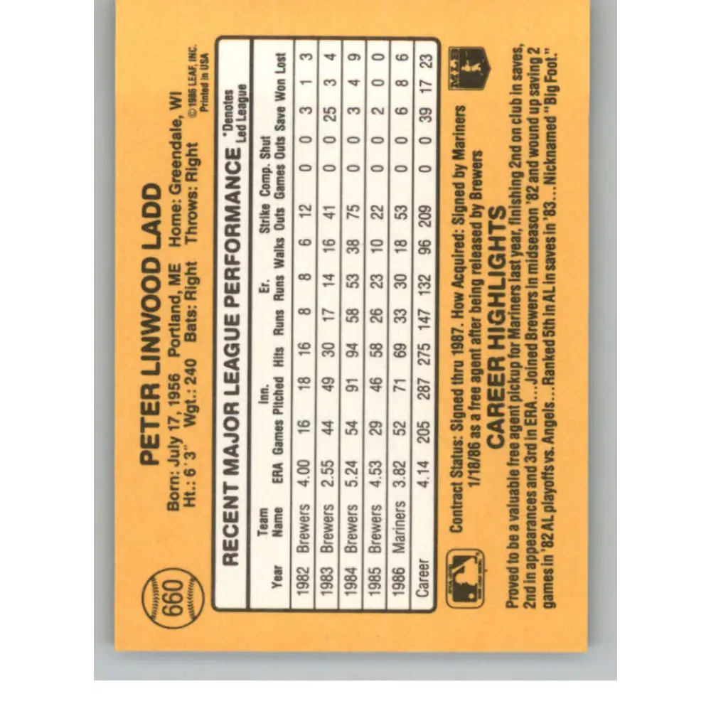 1987 Donruss #660 Pete Ladd EX Excellent Seattle Mariners Baseball Card  Image 2