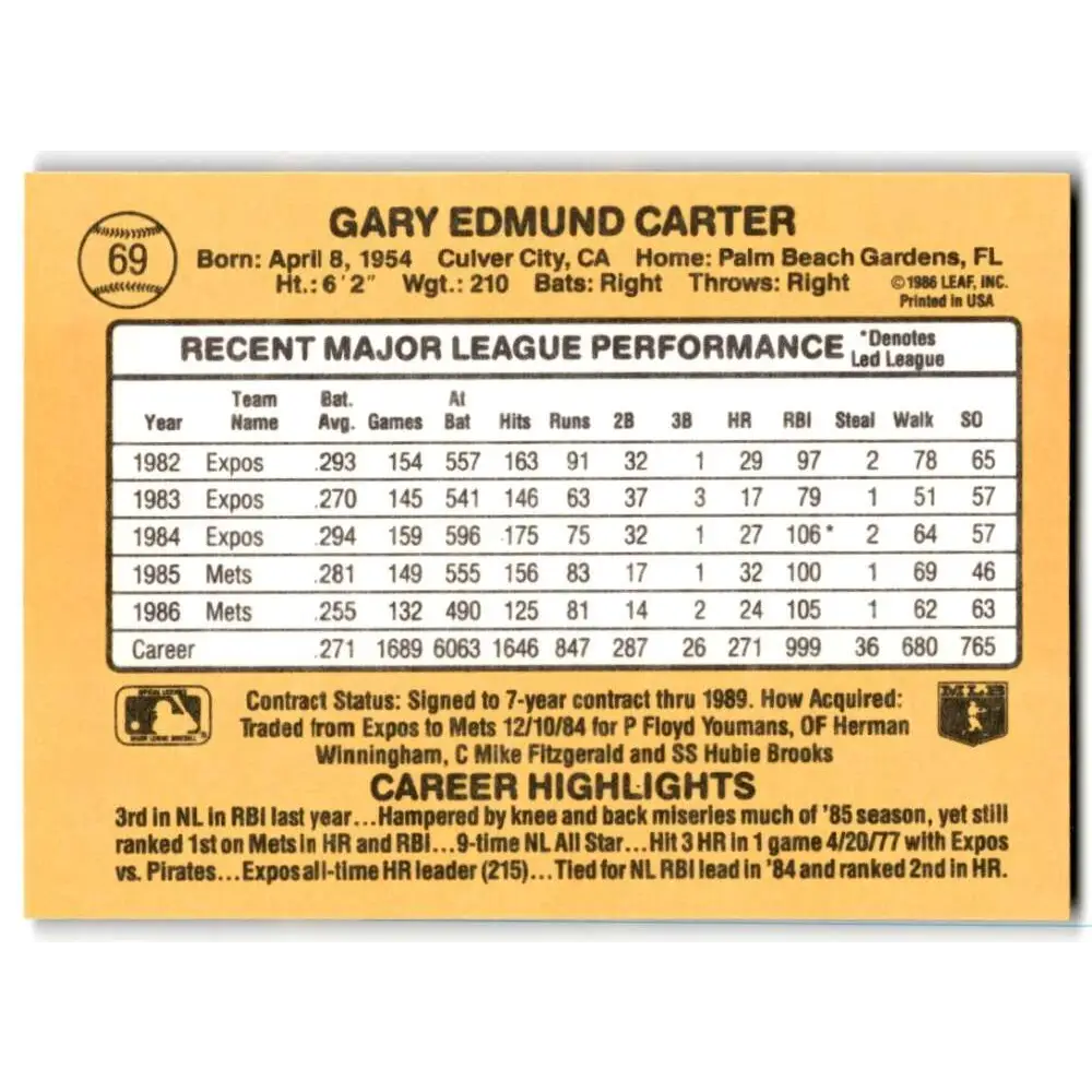 1987 Donruss #69 Gary Carter EX Excellent New York Mets Baseball Card  Image 2