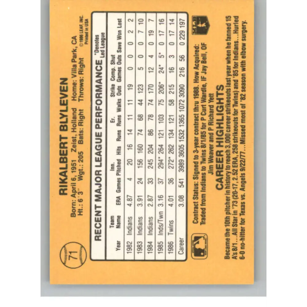 1987 Donruss #71 Bert Blyleven EX Excellent Minnesota Twins Baseball Card  Image 2