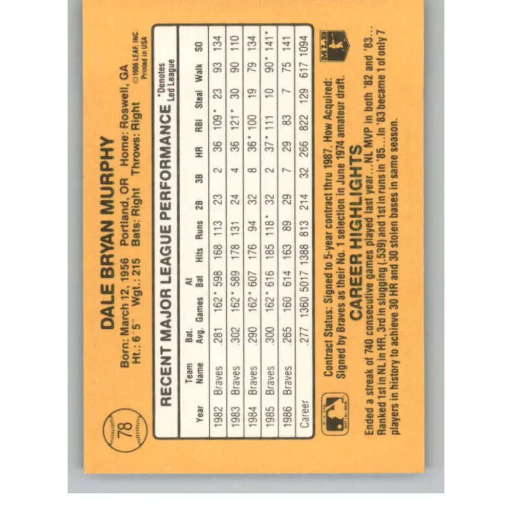 1987 Donruss #78 Dale Murphy EX Excellent Atlanta Braves Baseball Card  Image 2