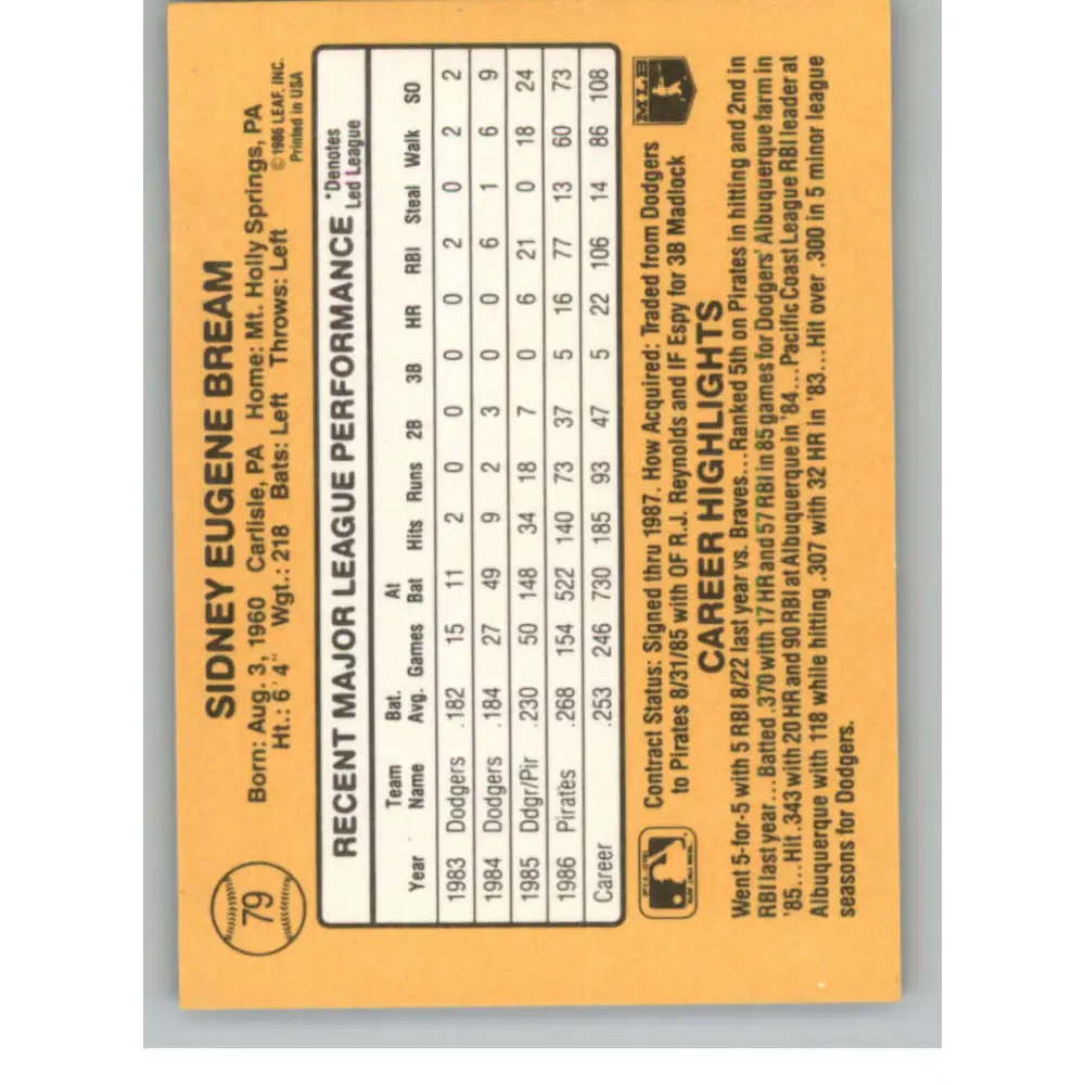 1987 Donruss #79 Sid Bream EX Excellent Pittsburgh Pirates Baseball Card  Image 2