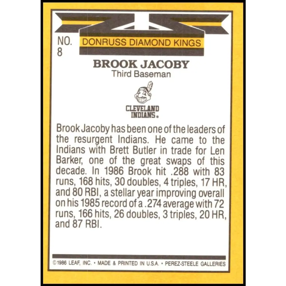 1987 Donruss #8 Brook Jacoby EX Excellent Cleveland Indians Baseball Card  Image 2