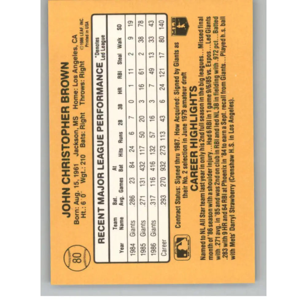 1987 Donruss #80 Chris Brown EX Excellent San Francisco Giants Baseball Card  Image 2