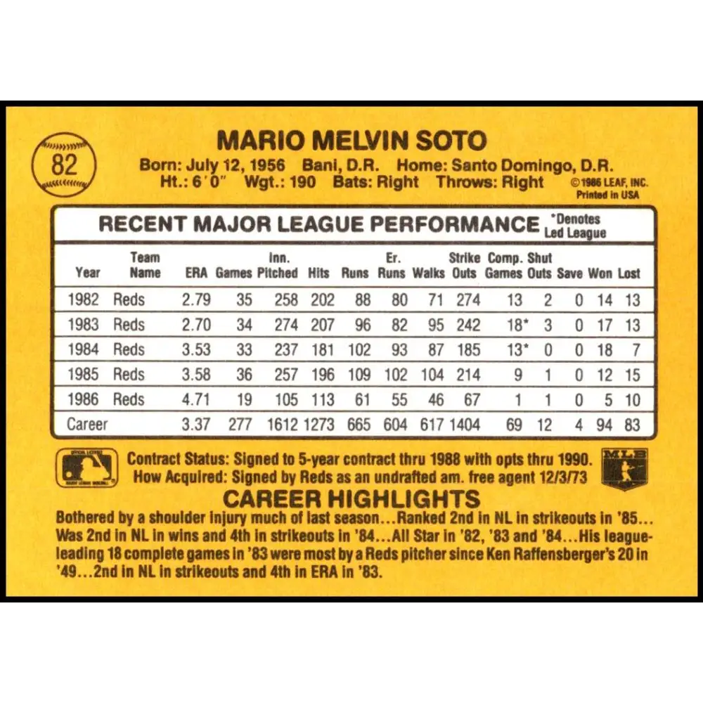 1987 Donruss #82 Mario Soto EX Excellent Cincinnati Reds Baseball Card  Image 2