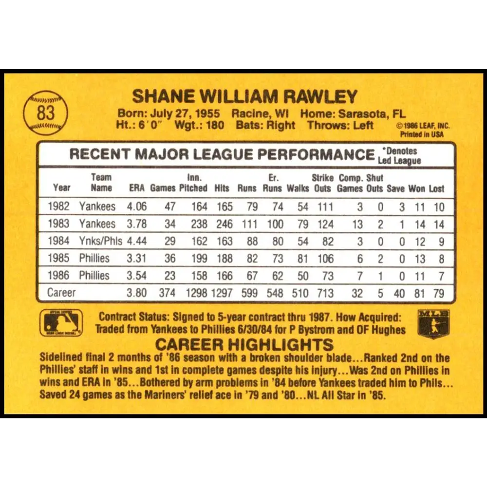 1987 Donruss #83 Shane Rawley EX Excellent Philadelphia Phillies Baseball Card  Image 2
