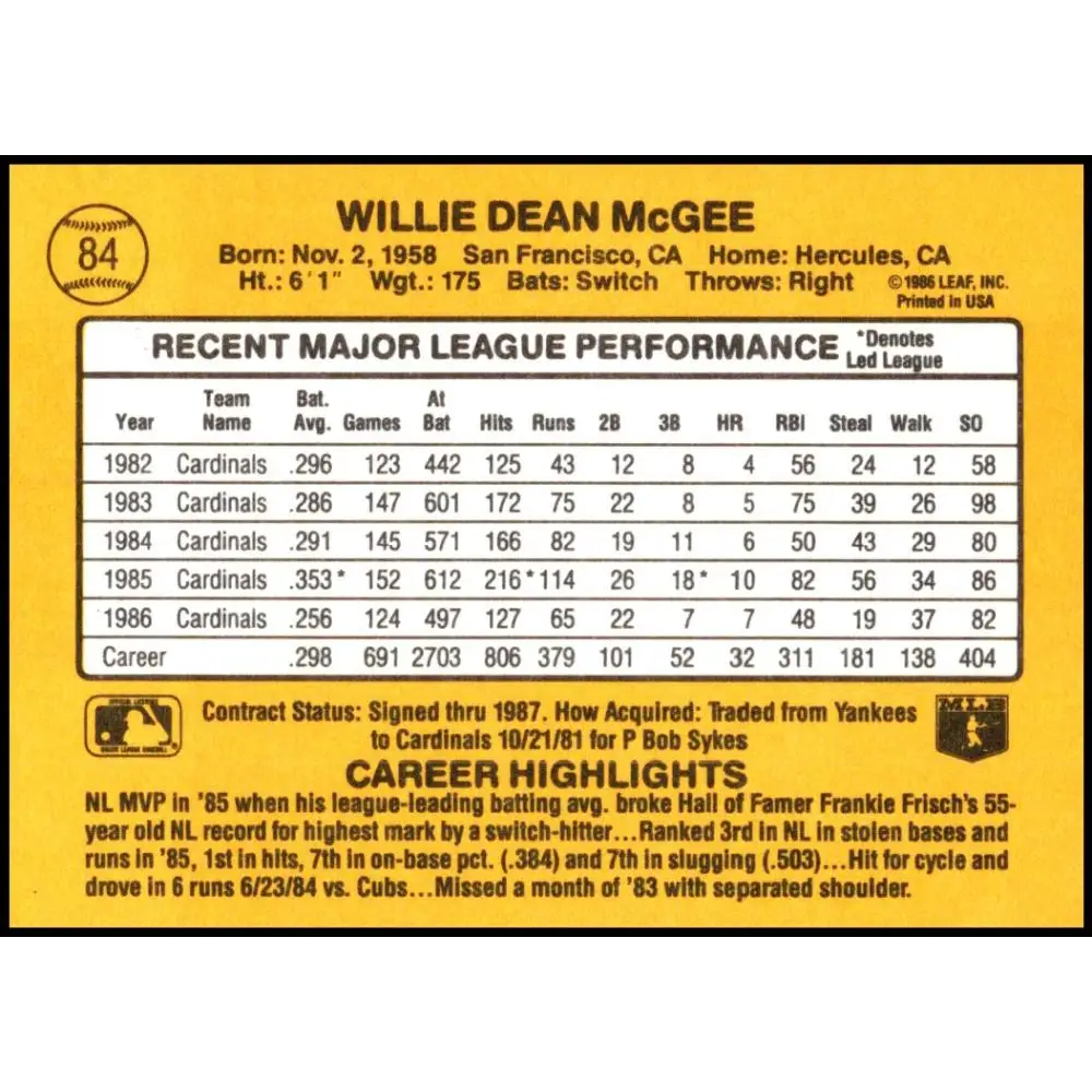 1987 Donruss #84 Willie McGee EX Excellent St. Louis Cardinals Baseball Card  Image 2